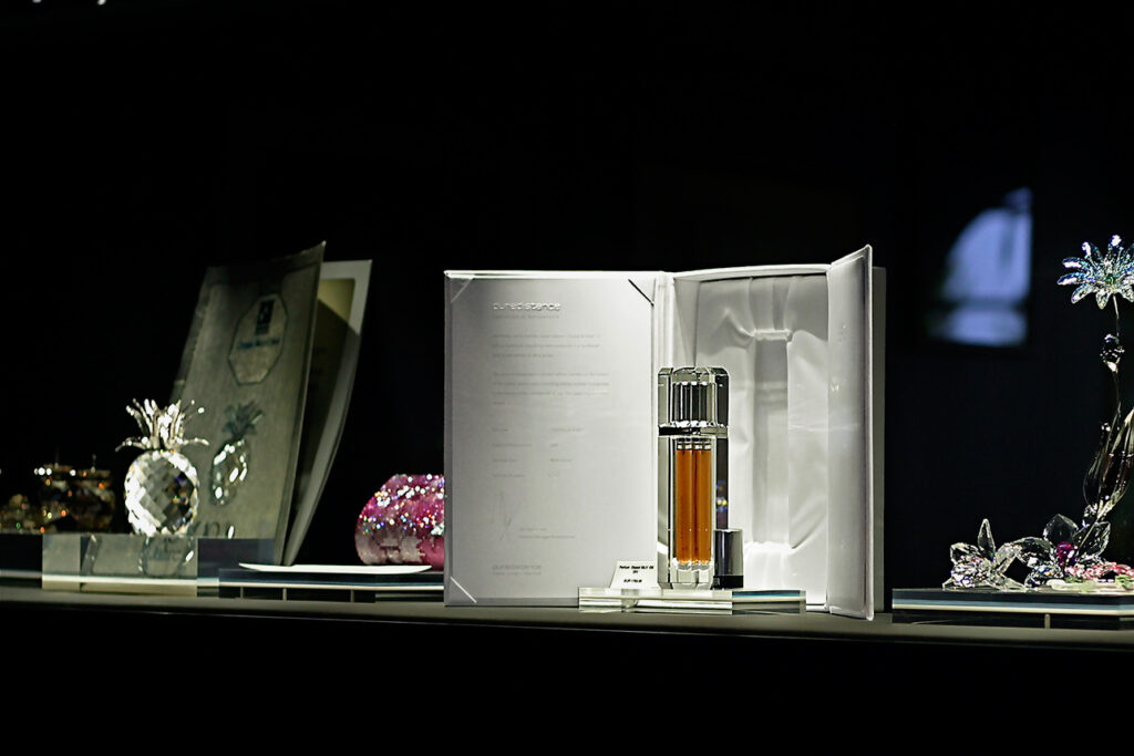 Crystal Perfume Column including Puredistance 1 Perfume on display in Swarovski World in Wattens