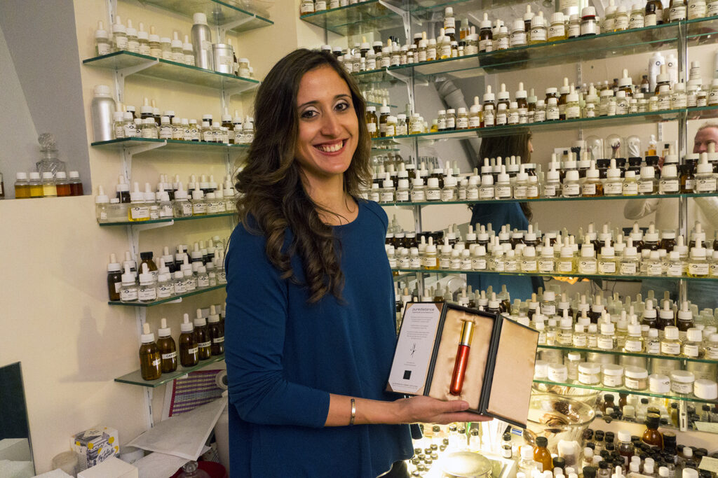 Parisian Perfumer Cécile Zarokian holds the first sample flacon of SHEIDUNA Perfume